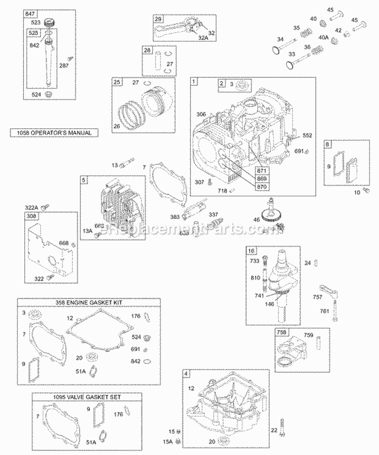 Cylinder Head Crankshaft Sump Gaskets Piston Diagram and Parts List for 28V707-1113-E1  Briggs and Stratton Engine